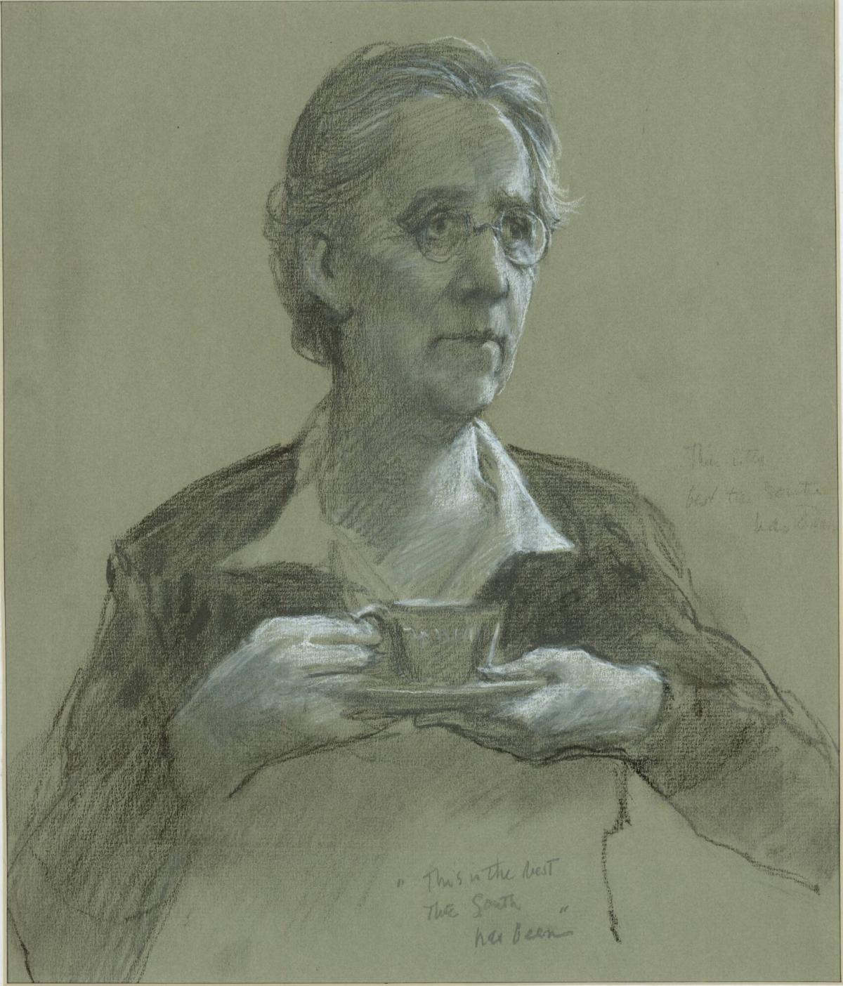 Elderly Woman with Teacup - "This is the best the South has been.", from a series of drawings documenting the 1956 Montgomery Bus Boycott, Montgomery, AL