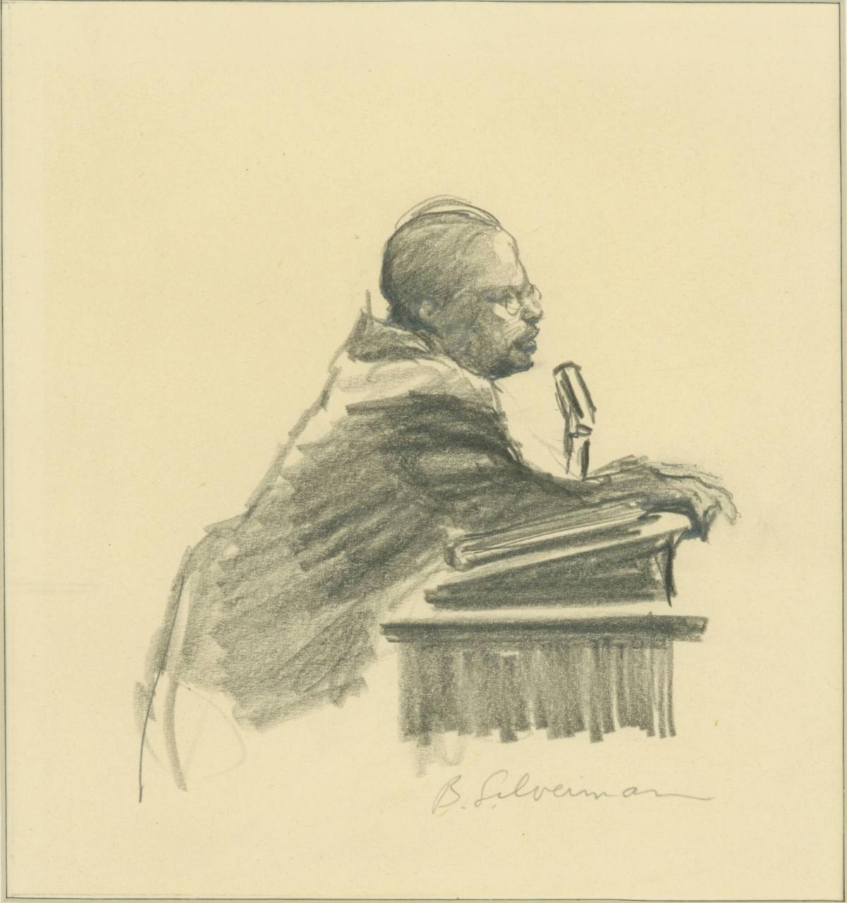 Speaker at Mass Meeting - "Jail improves a man's preaching. If my knees grow weak I feel the strength of 50,000 Negroes and other friends.", from a series of drawings documenting the 1956 Montgomery Bus Boycott, Montgomery, AL