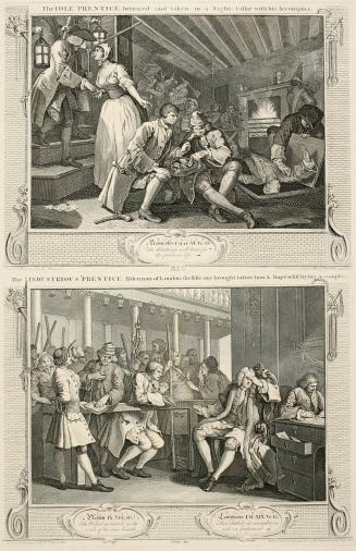 The Idle `Prentice, Betray’d by his Whore  and Taken in a Night Cellar with his Accomplice, plate 9 from the series Industry and Ildleness; The Industrious `Prentice Alderman of London, The Idle One Brought Before Him and Impeached by his Accomplice, plate 10 from the series Industry and Ildleness