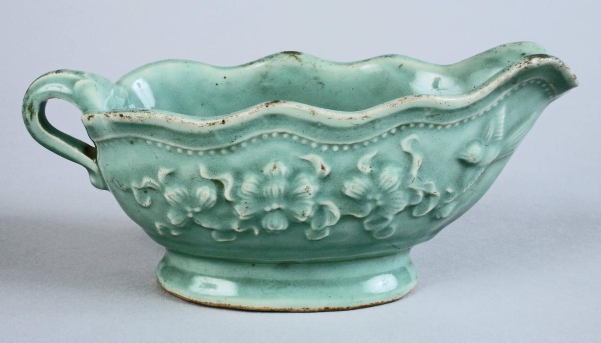 Celadon Sauce Dish (Katakuchi Shape) with Raised Floral Design