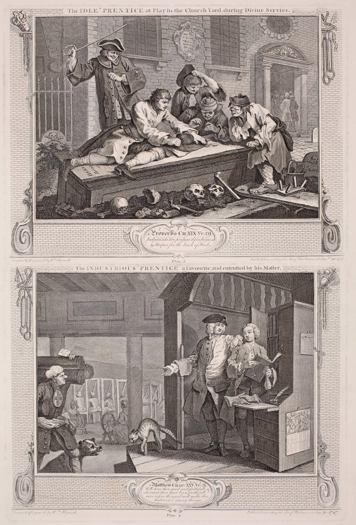 The Idle `Prentice at Play in the Church Yard during Divine Service, plate 3 from the series Industry and Ildleness; The Industrious `Prentice A Favorite and Entrusted by his Master, plate 4 from the series Industry and Ildleness