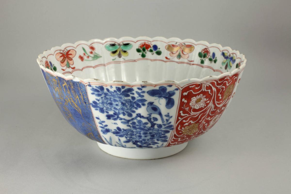 Imari-style Ribbed Bowl with Interior Design of a Woman in a Garden
