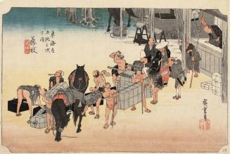 Changing Porters and Horses at Fujieda, no. 23 from the series Fifty-three Stations of the Tōkaidō