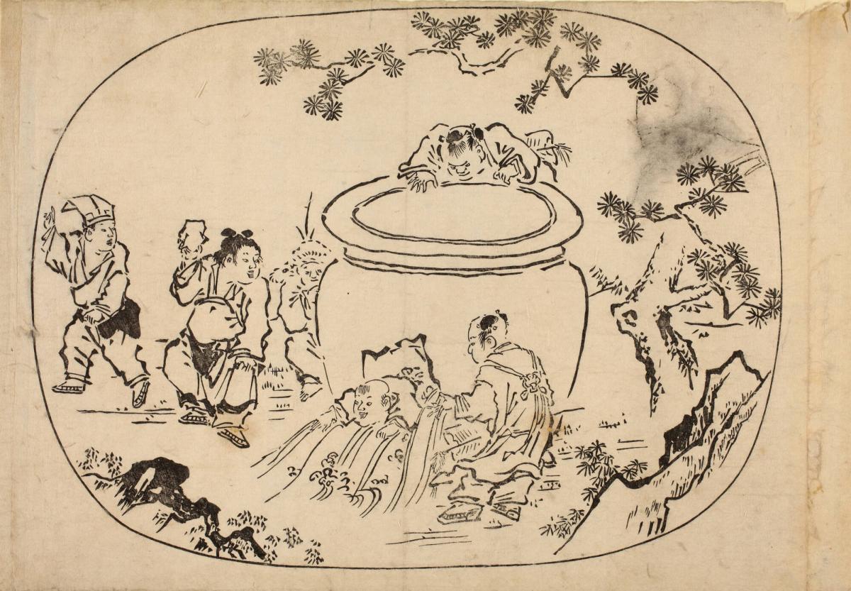 Sima Guang Saves a Playmate from Drowning in a Water Jar, from an untitled album of monochrome pictures in Kano style