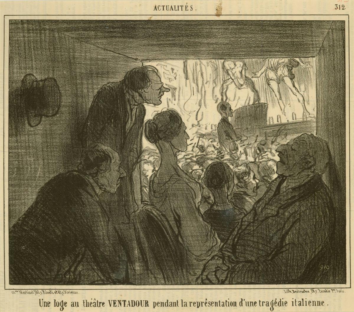 Une loge au théâtre Ventadour pendant la représentation d'une tragédie italienne (A box at the Ventadour Theater during the performance of an Italian tragedy), from the series Les Actualités