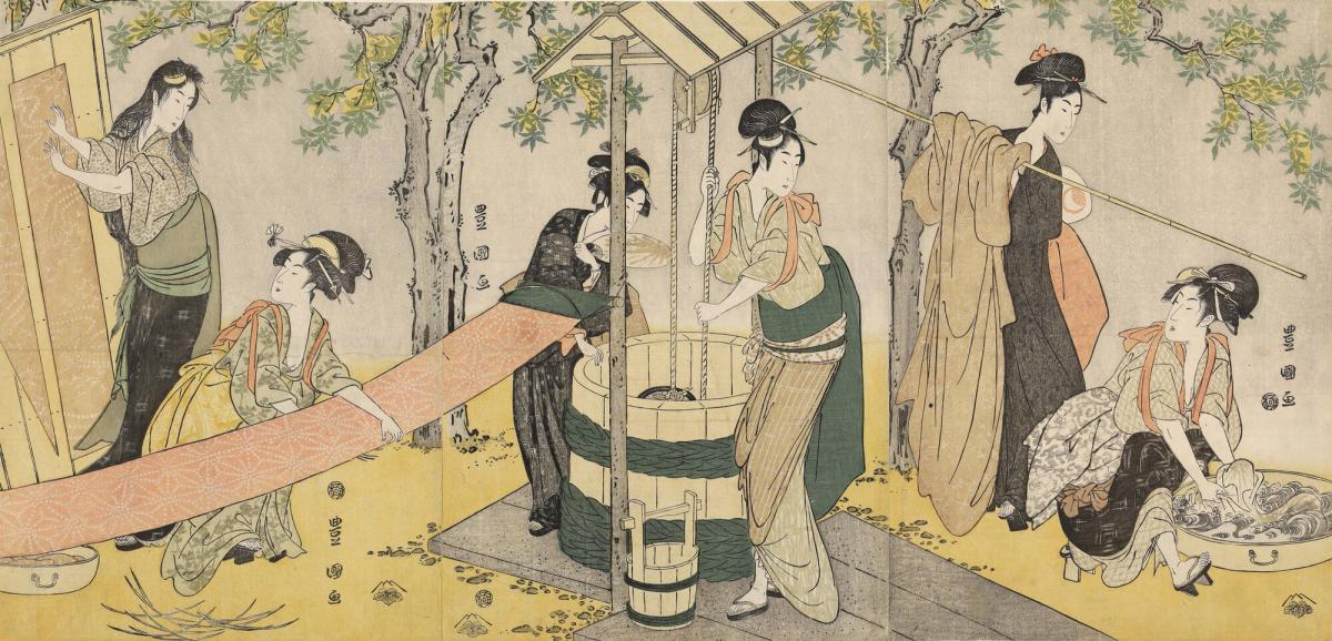 Women Washing and Stretching Lengths of Cloth beside a Well