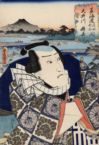 Ōi River (Ōigawa), between Shimada and Kanaya: (Actor Onoe Kikugorō III as) Denkichi, from the series Fifty-three Stations of the Tōkaidō Road (Tōkaidō gojūsan tsugi no uchi)

