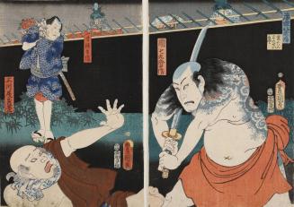 Clearing Weather in the Back Field (Uratanbo no seiran): Actors Ichikawa Kodanji IV as Danshichi Kurobei, Kataoka Gadô II as Issun Tokubei, and Nakayama Ichizô I as Mikawaya Giheiji, from the series Eight Views of the Floating World (Ukiyo hakkei no uchi)