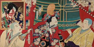 Sawamura Tosshô II as Seitakabō (R), Nakamura Shikan IV as Shirabyōshi Hanako (C) , and Nakamura Nakazō III as Kongara-bō, with inset of Ichikawa Sadanji I as Kanawa Gorō (L), in the play Musume Dōjōji