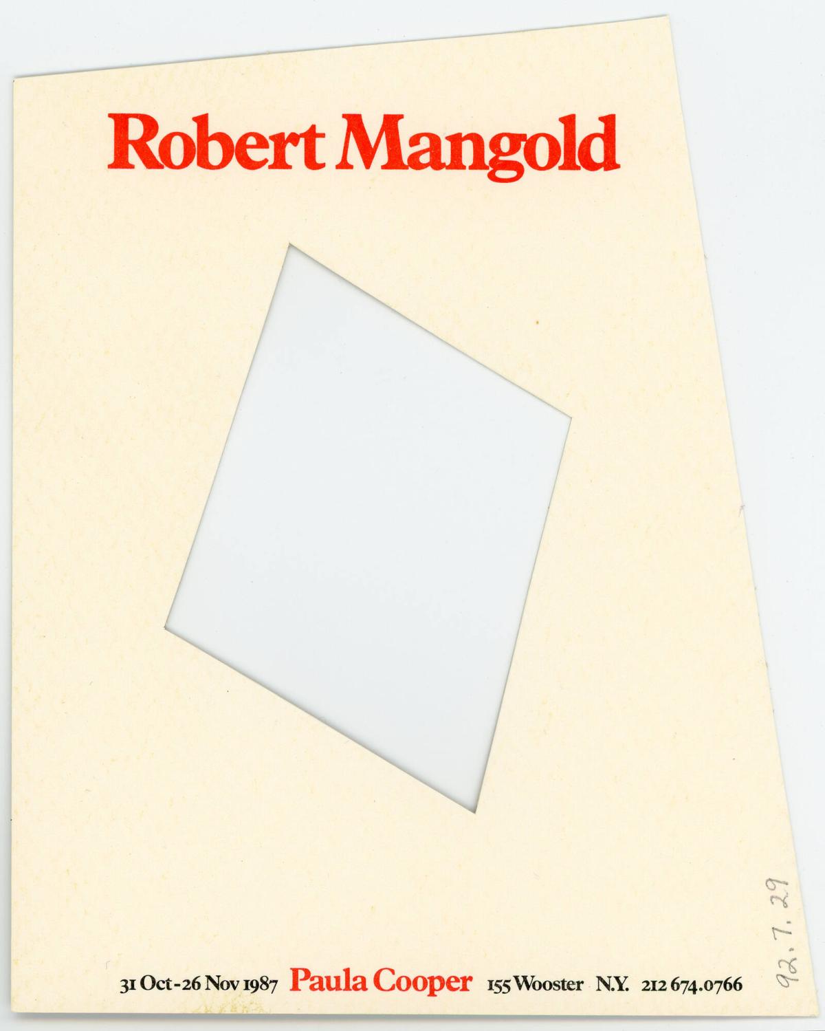 Exhibition Announcement for Robert Mangold, 31 Oct-26 Nov 1987, Paula Cooper Gallery