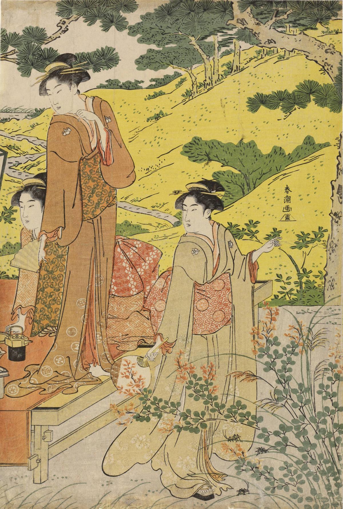 Women Enjoying an Outing near a Clump of Bush Clover