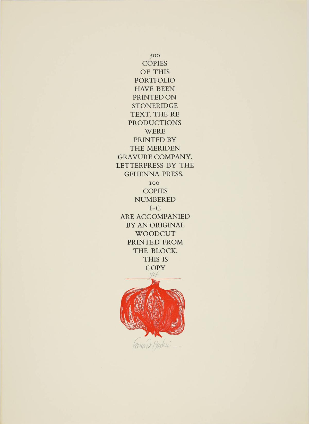 Colophon, from Fifteen Woodcuts, Boston, The Friends of Art Boston University, 1962