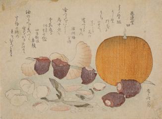 Surimono Depicting Fruit and Fish with Multiple Poems