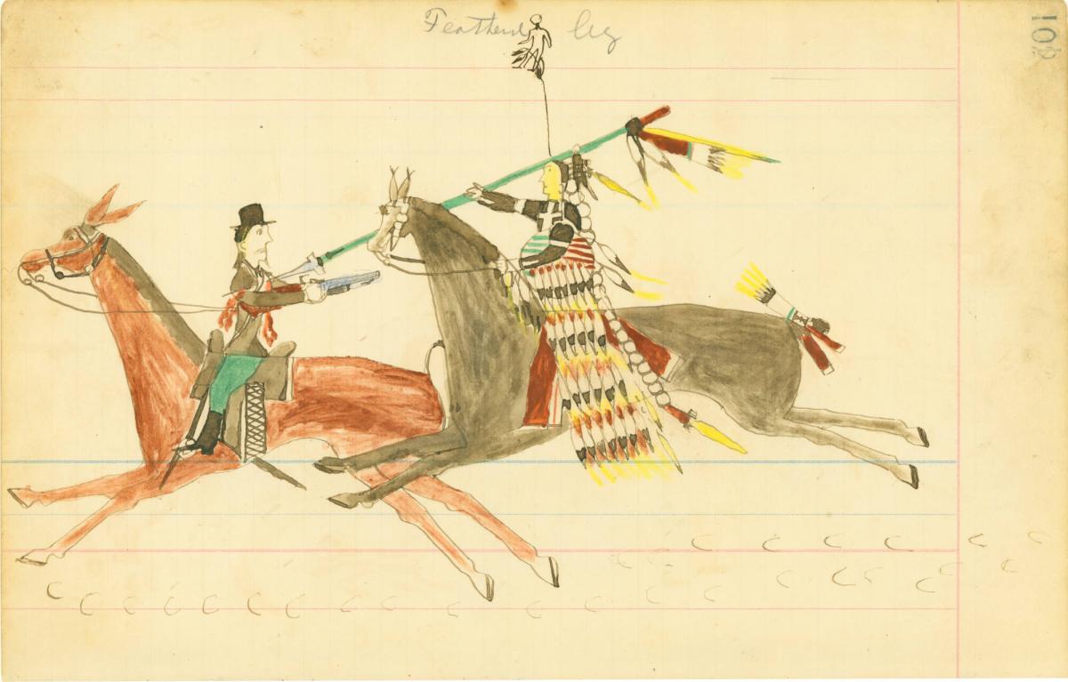 116. "'Mah nim ik,' Eagle Head"; 115. Soldier in Cart Firing Gun; 101. [blank page]; 102. "Feathered Leg."