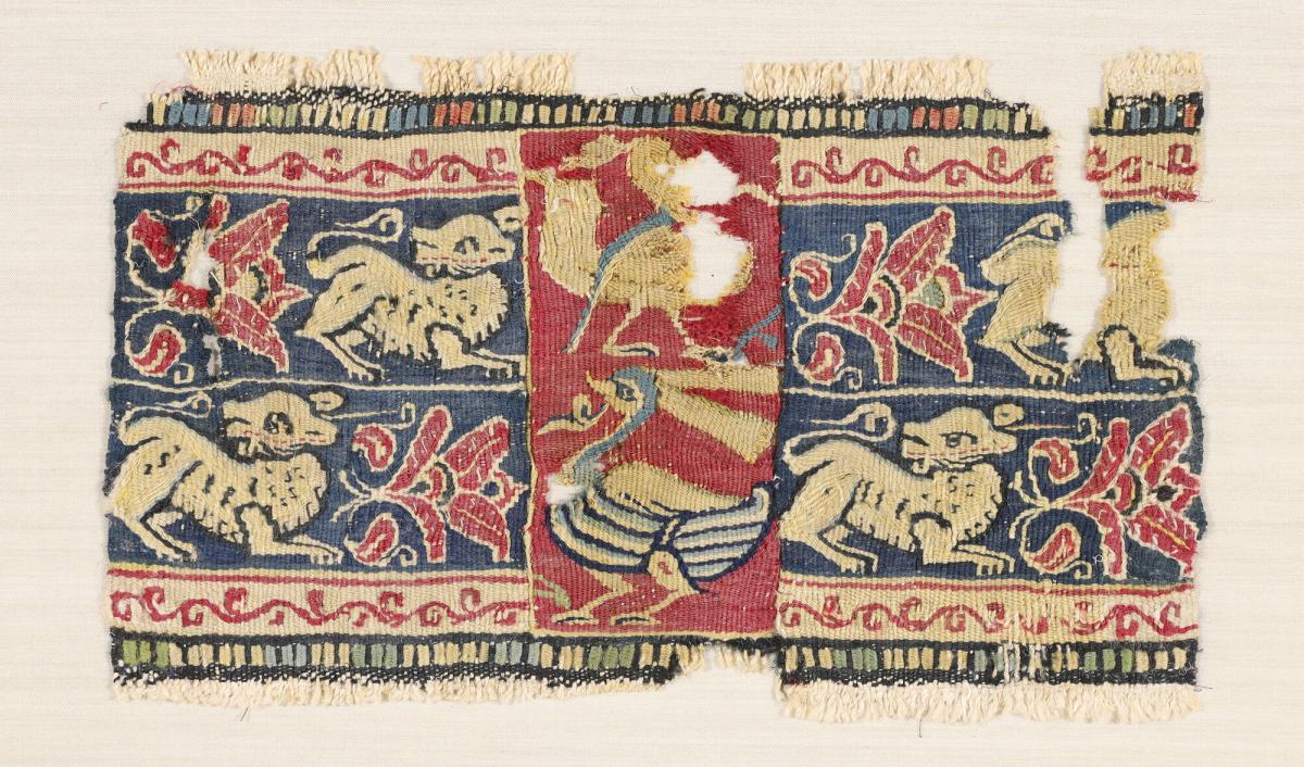 Sassanian-type Tapestry Band with Alternating Dog and Flower Design and Bird Panel