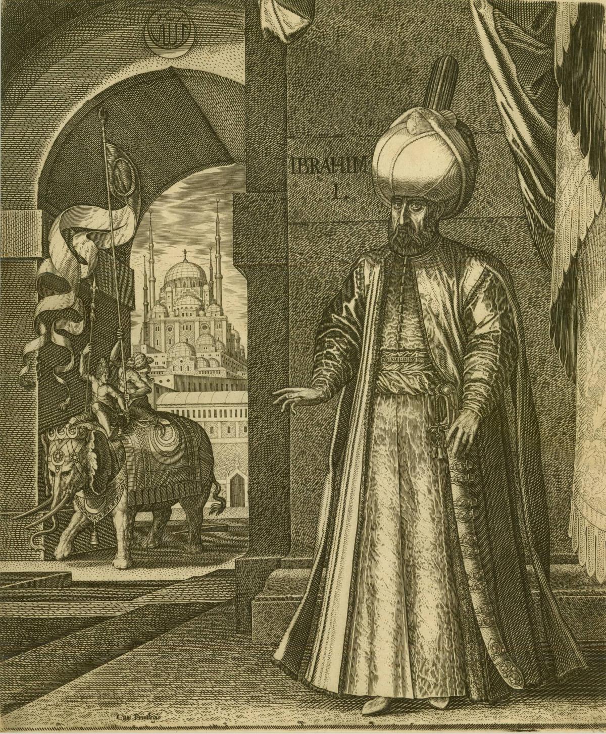 Sultan Süleyman and the Süleymaniye Mosque, Constantinople, 1574 (or earlier) , altered in 1688 to represent Ibrahim I