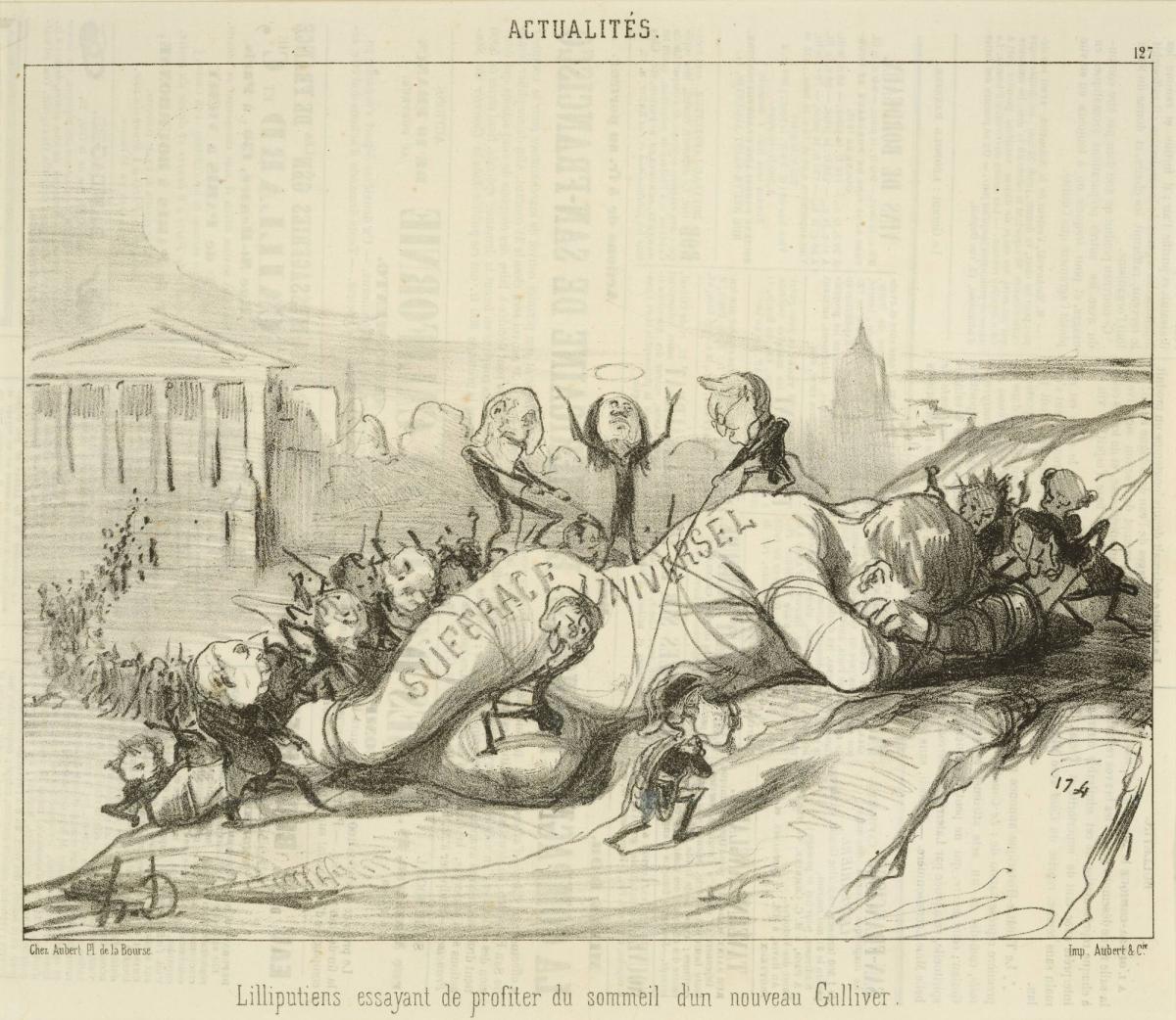 Lilliputiens essayant du profiter du sommeil d'un nouveau Gulliver (Lilliputians Trying to Take Advantage of the Sleep of a New Gulliver), from the series Les Actualités