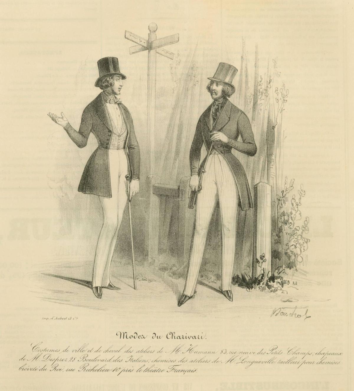 Modes du Charivari: Costumes de ville et de cheval des ateliers de Mr. Humann...