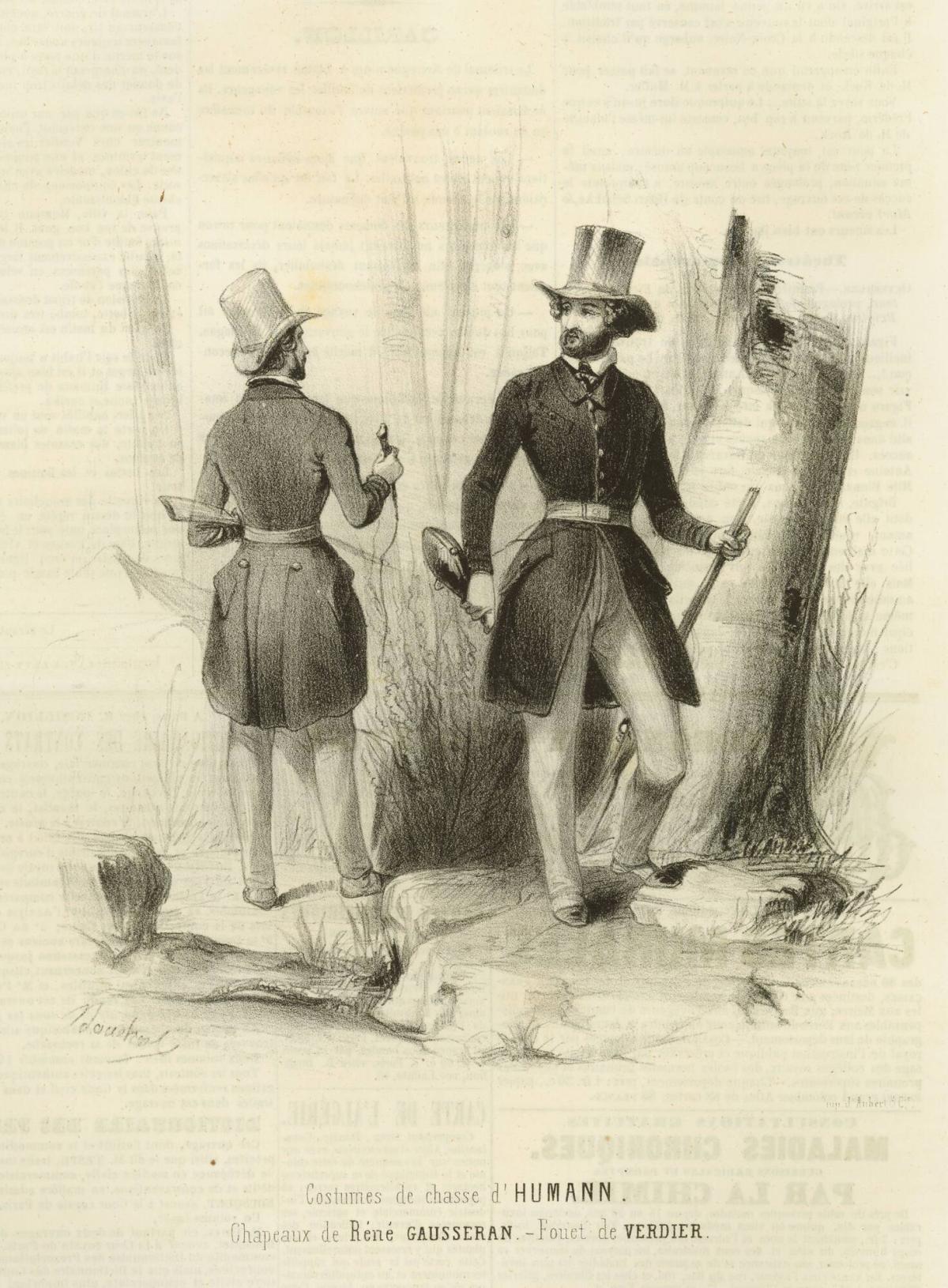 Costumes de chasse d'Humann./Chapeaux de Réné Gausseran.-Fouet de Verdier