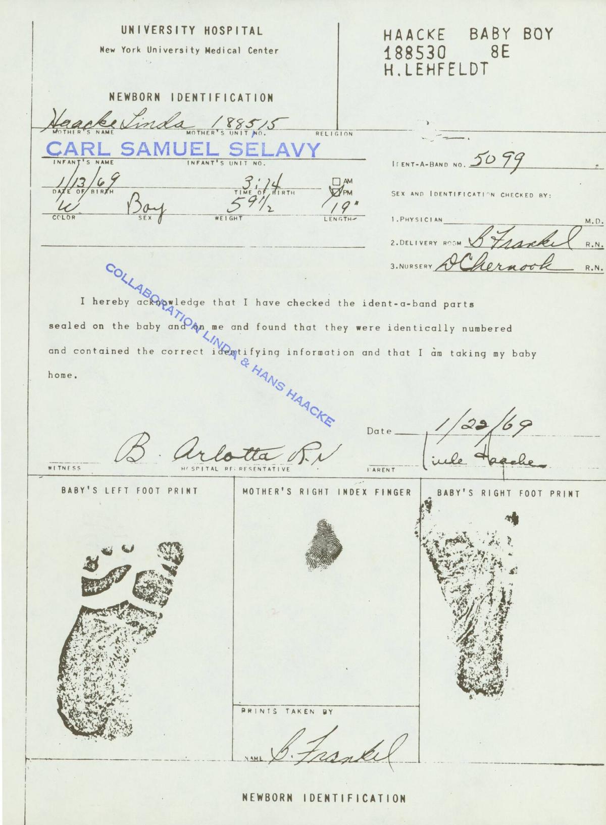 Birth Certificate for Carl Samuel Selavy