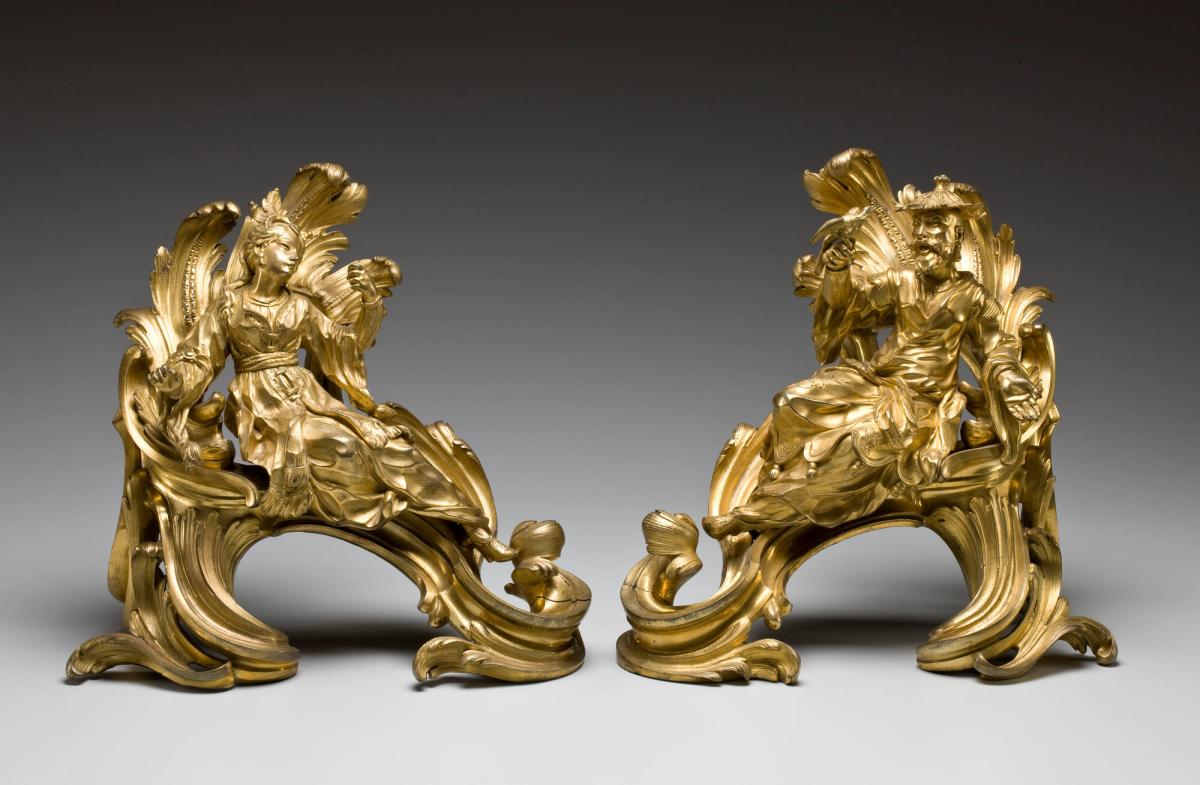 Ormolu Andirons in the Form of Male and Female Chinese Figures Seated on a Support of Rocaille Work