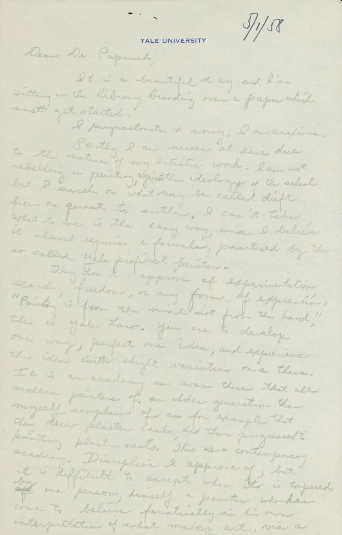 Letter from Eva Hesse to Dr. Helene Papanek